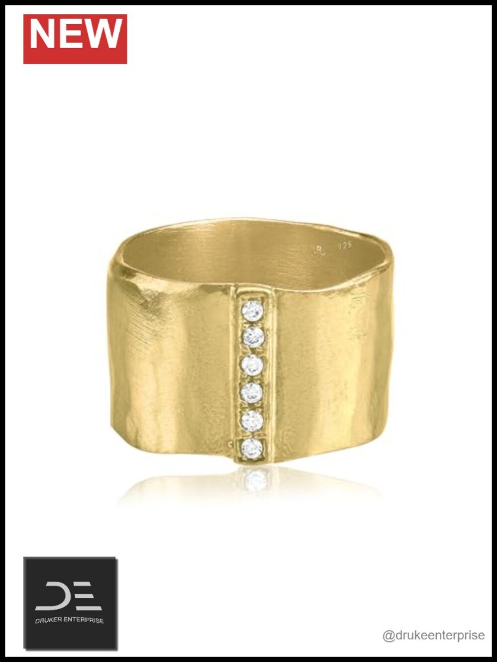 14K Gold Plated Sterling Silver Statement Ring 0.18 TCW CZ Vintage Hammered